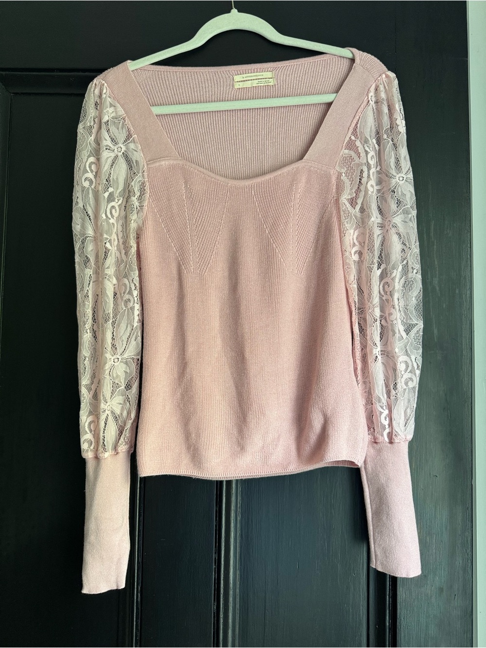 Anthropologie Pink Lace Sleeve Knit Top